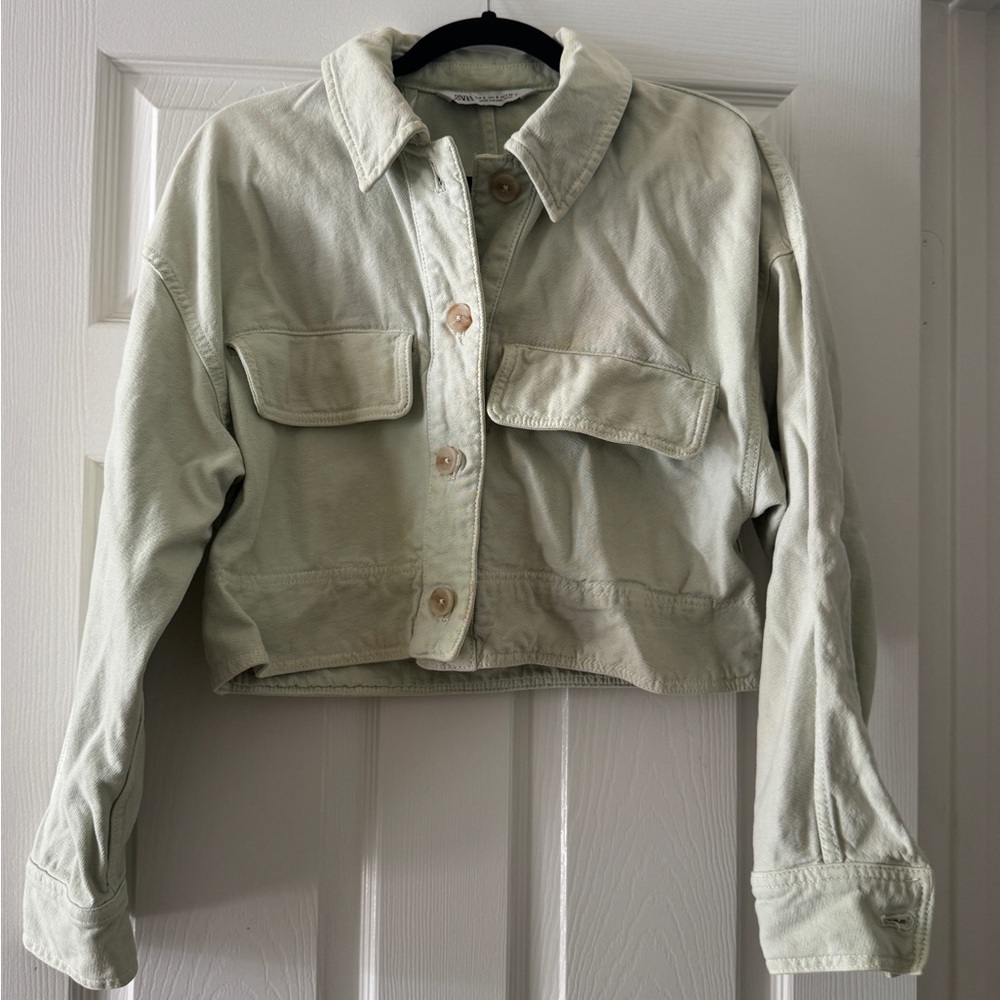 Zara Sage Green Denim Jean Jacket Sz S
